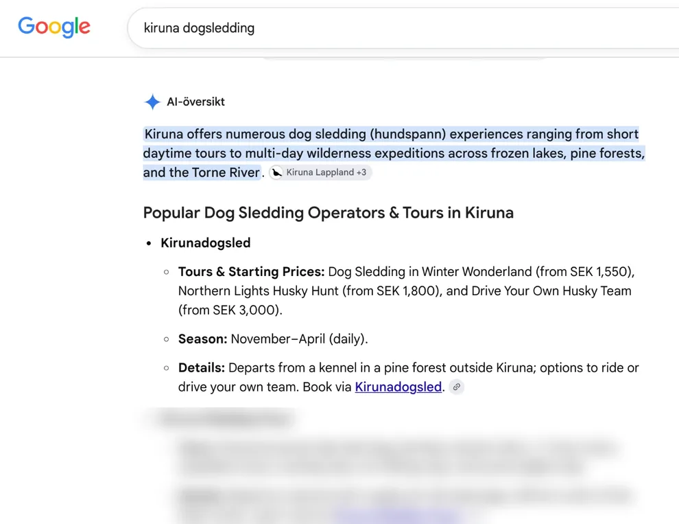 Googles AI-översikt för kiruna dogsledding där Kirunadogsled nämns först. Övriga företag är suddade.