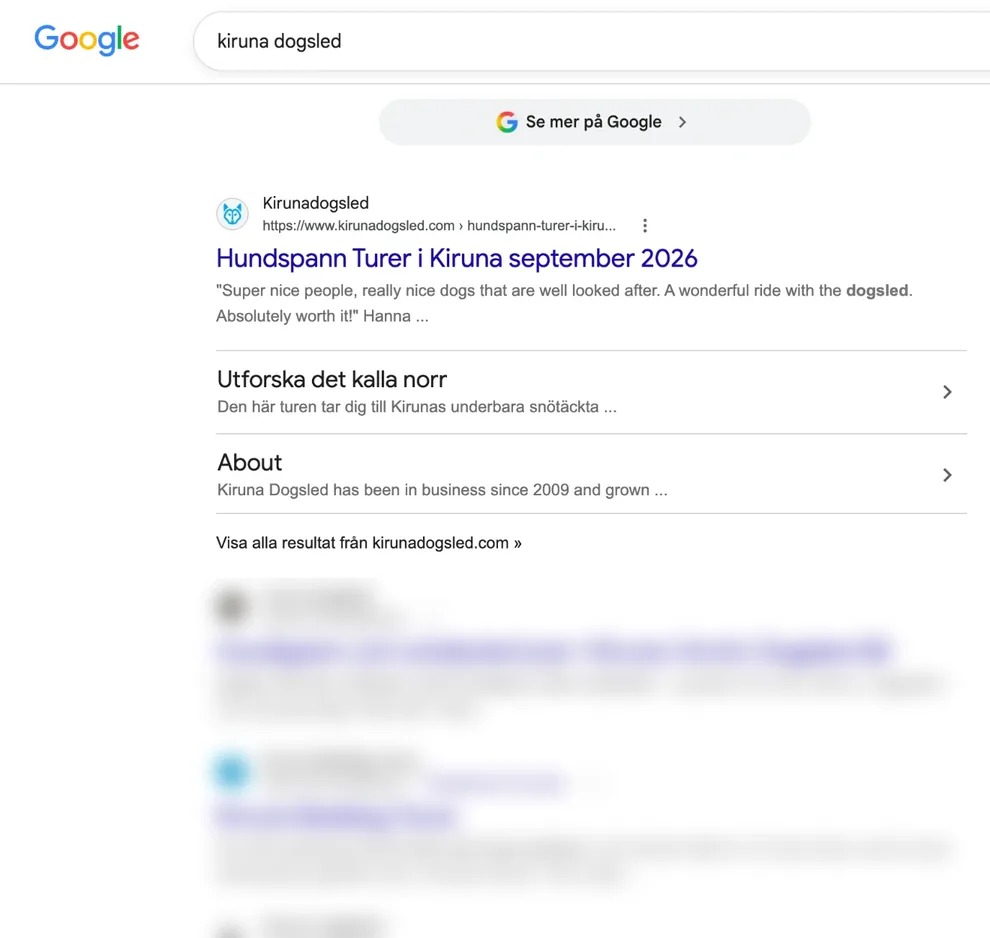 Googles sökresultat för kiruna dogsled där Kirunadogsled ligger först. Övriga resultat är suddade.